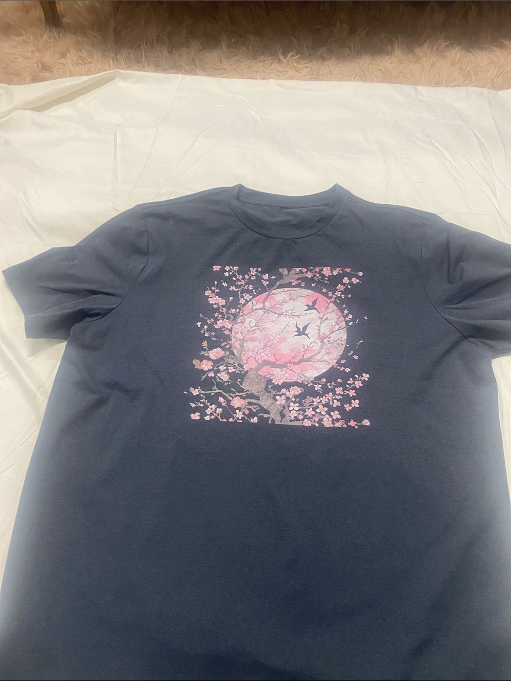 Gray Tee with Pink Cherry Blossom Moon Graphic